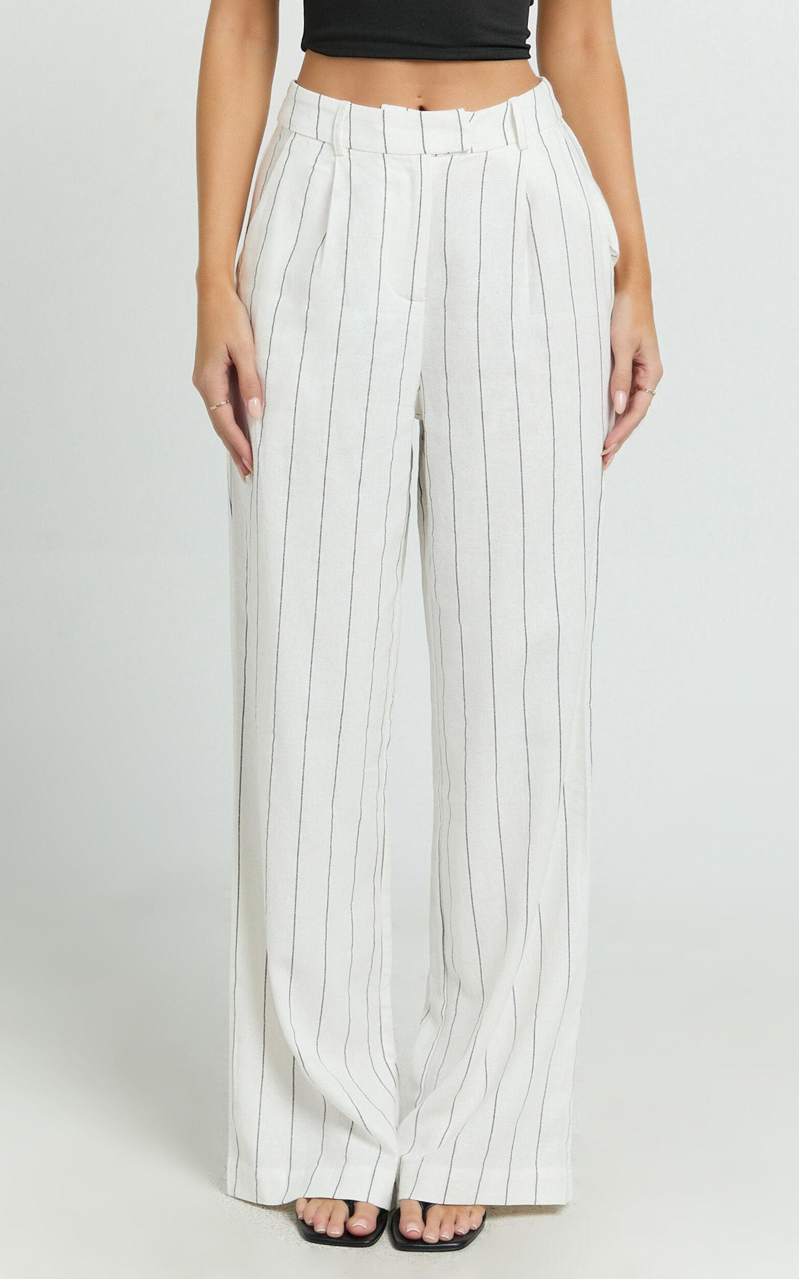 Trixie Pants - High Waist Linen Look Stripe Tailored Pants in Off White Product Image