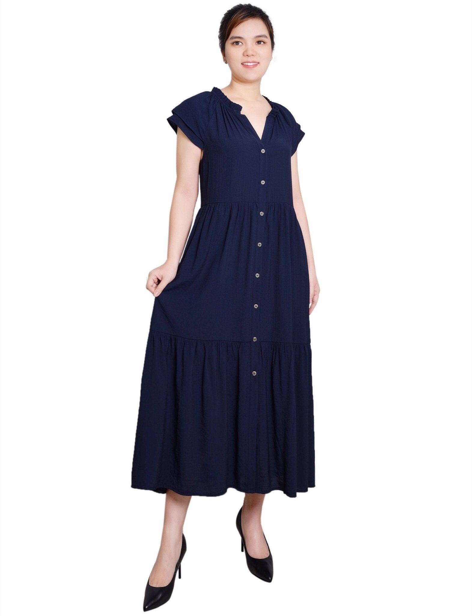 Navy Short Sleeve Slubbed Midi Dress Product Image