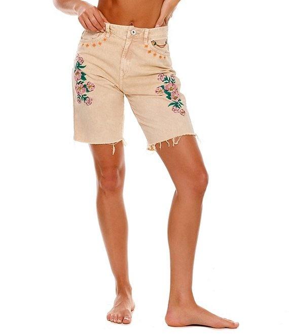 Agua Bendita Rainy Nopal Embroidered Floral Frayed Hem Shorts Product Image