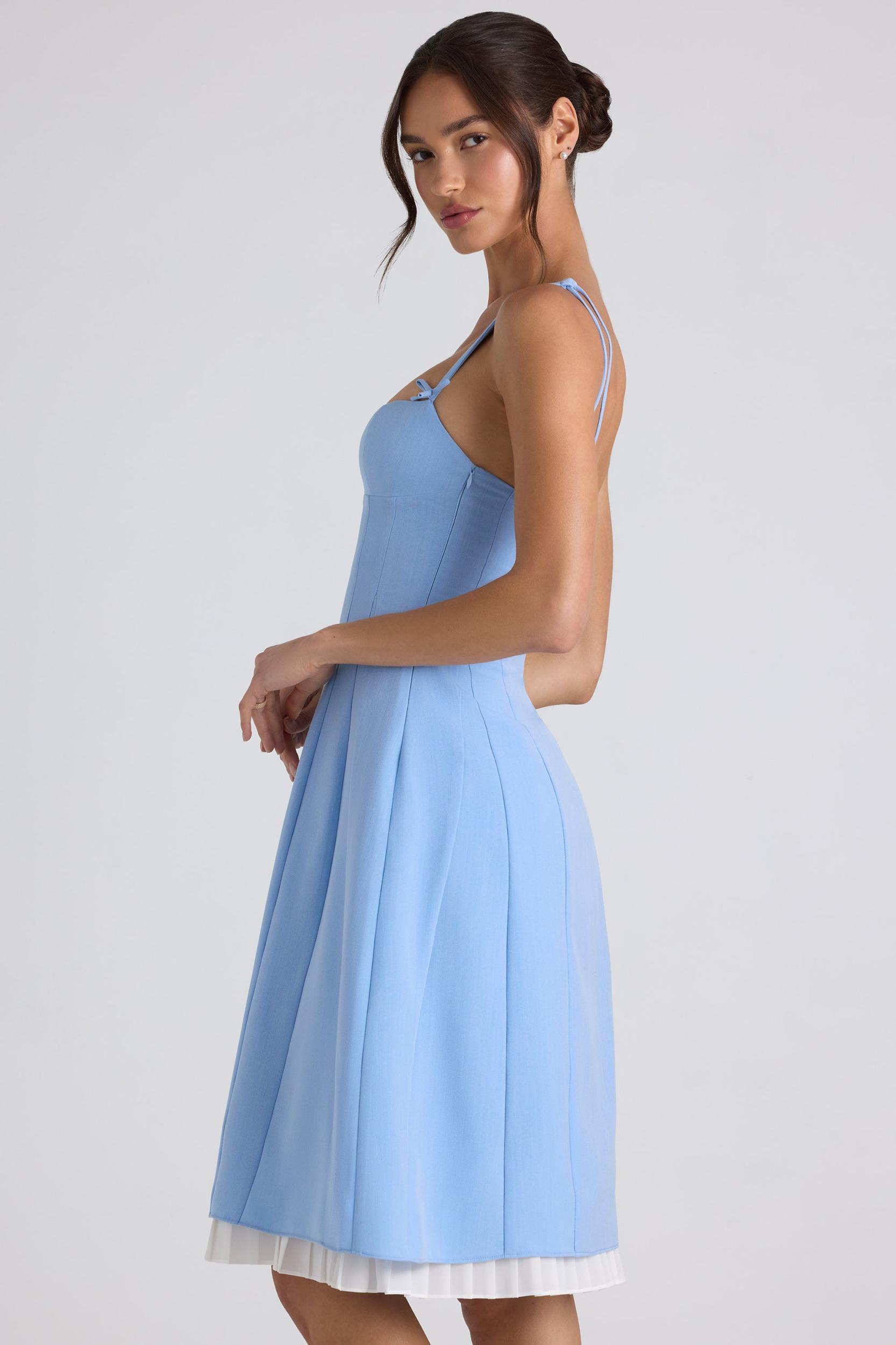 Bow-Detail Pleated A-Line Midi Dress in Sky Blue Product Image
