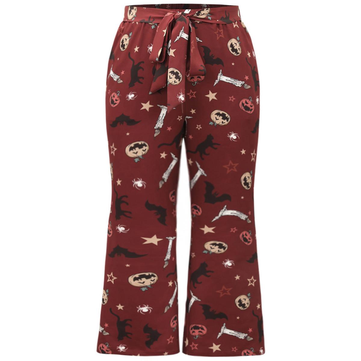 Plus Size Halloween Graphic Belted Flare Leg Pants Women Multicolor Elegant Flare Leg High Rise Festival-Halloween Pants BloomChic 28/5X Product Image