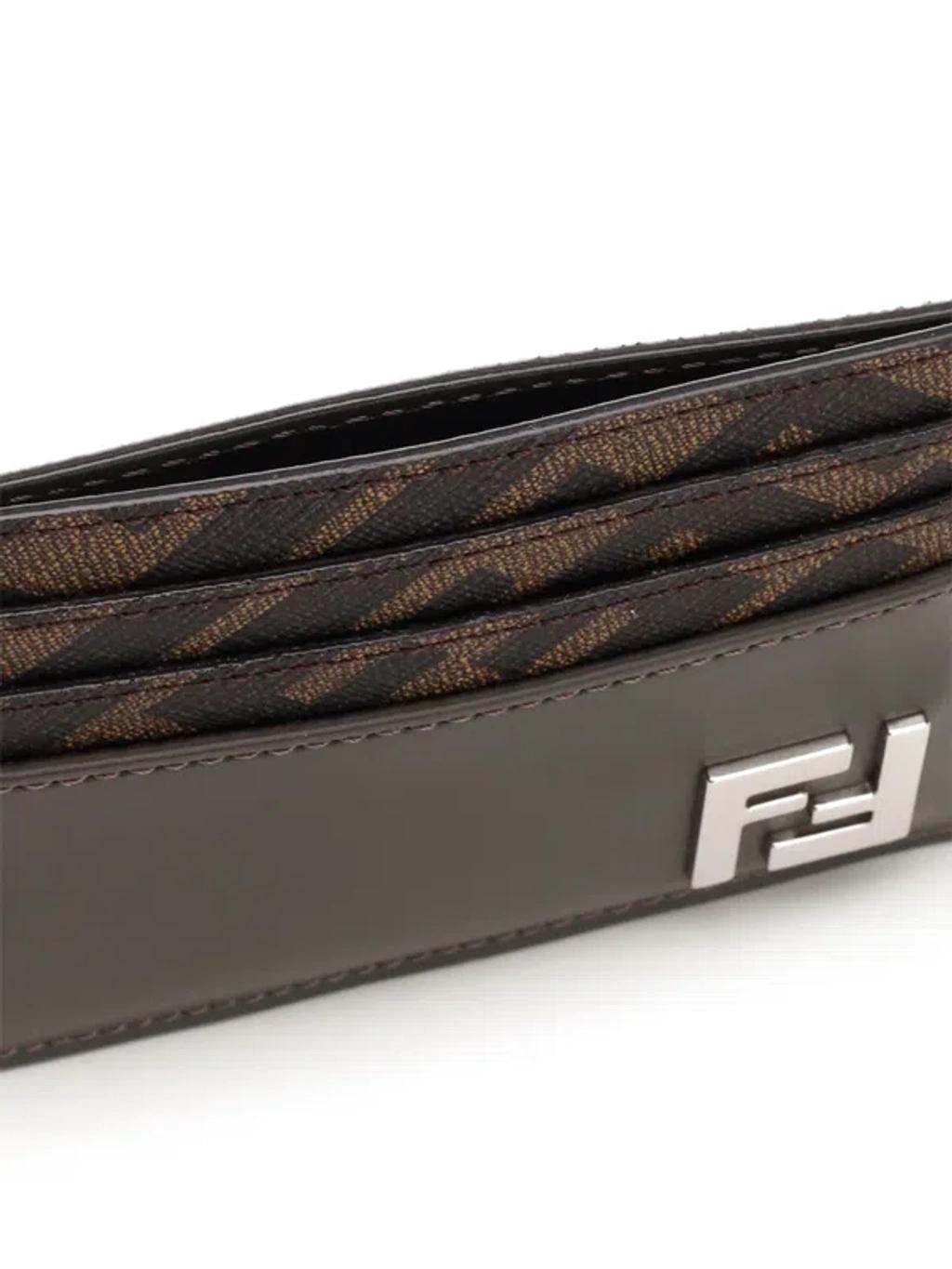FENDI Brown Card-holder With Squared Ff Motif In Leather And Ff Canvas Man In Ebony Product Image