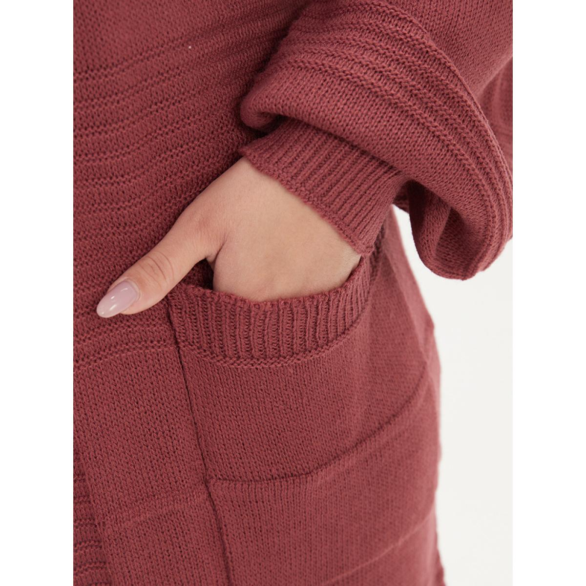 Plus Size Plain Fringe Trim Patched Pocket Cardigan Russet Women Casual Loose Long Sleeve Dailywear Cardigans BloomChic 28/5X Product Image