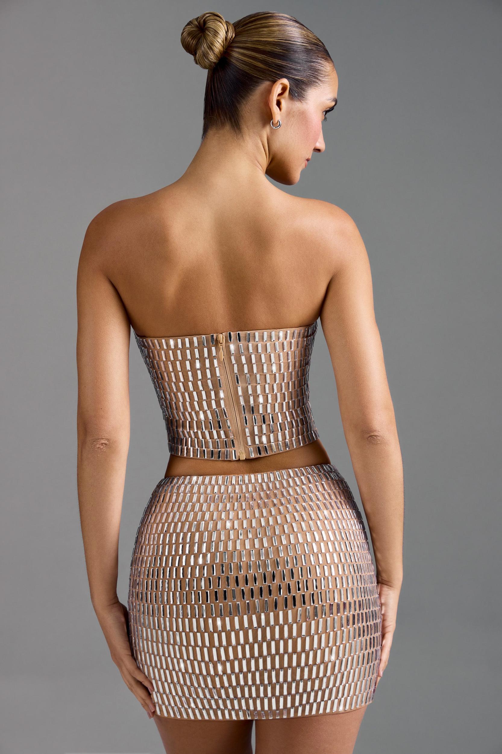 Embellished Low-Rise Micro Mini Skirt in Almond Product Image