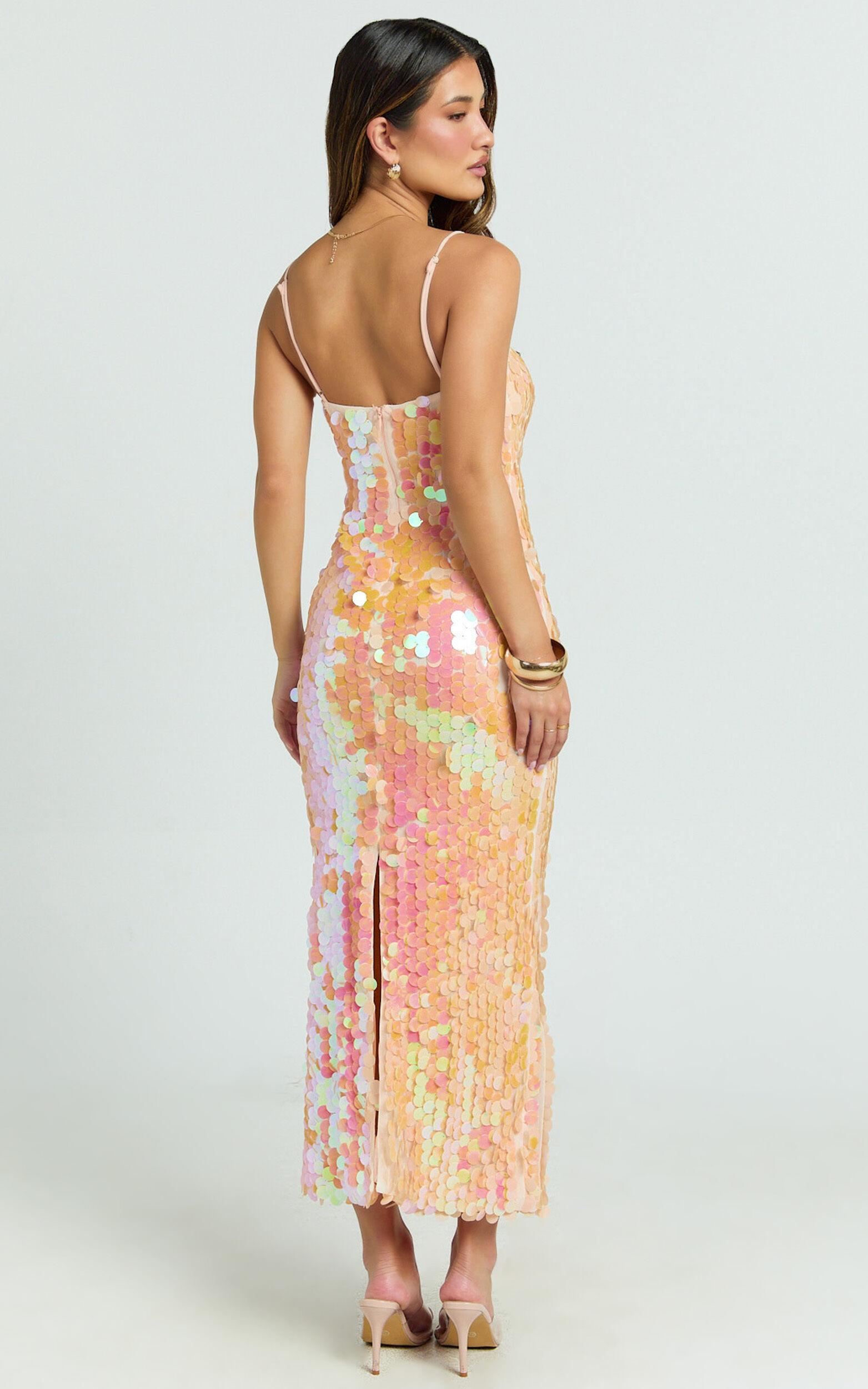 Casey Midi Dress - Square Neck Sequin Bodycon Dress in Peach Product Image