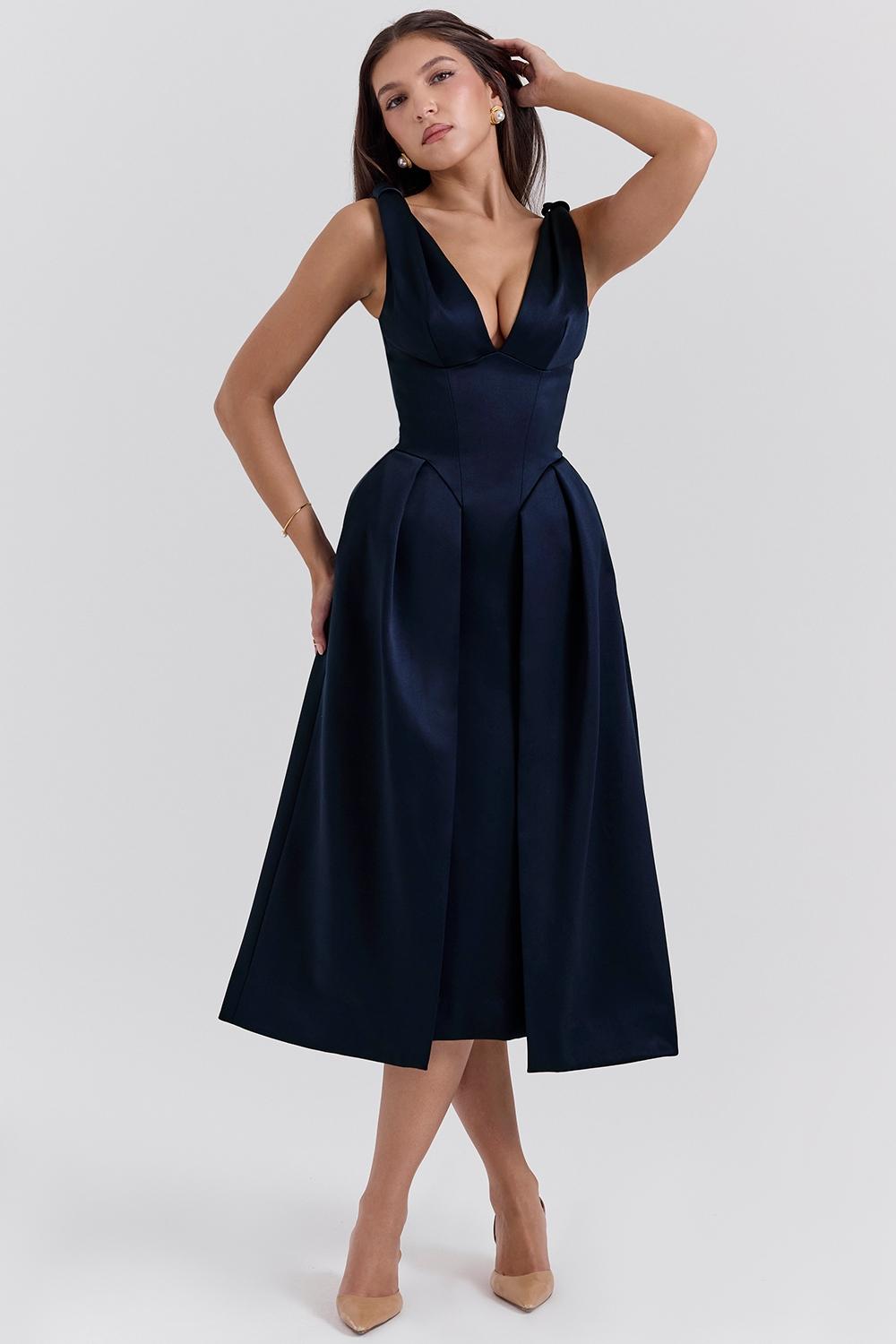 Paloma  midnight twist strap satin midi dress - sale Product Image