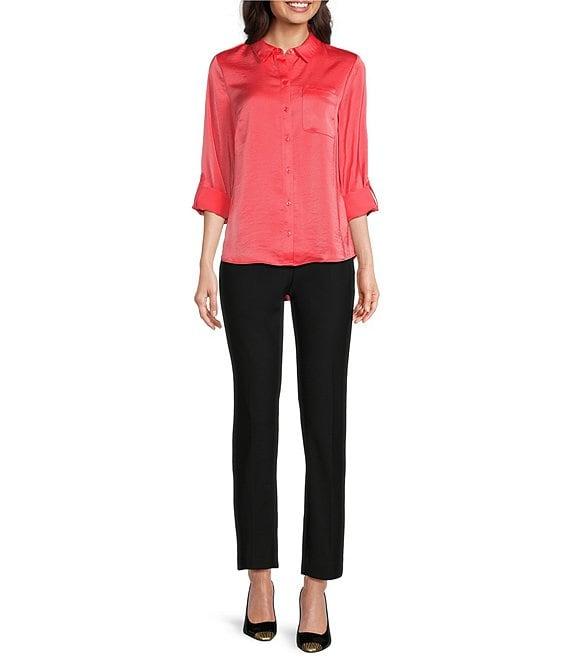 DKNY By Donna Karan Sueded Satin Point Collar Roll-Tab Long Sleeve Button-Front Shirt Product Image