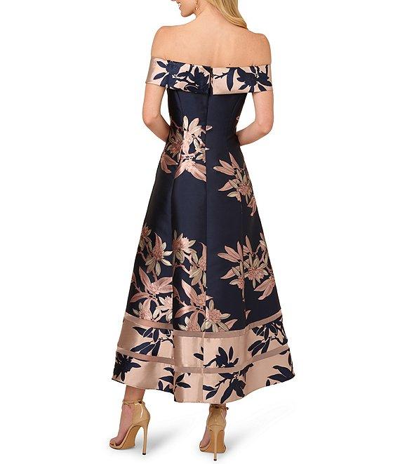 Adrianna Papell Off-The-Shoulder Cap Sleeve Floral Jacquard A-Line Tea Length Dress Product Image