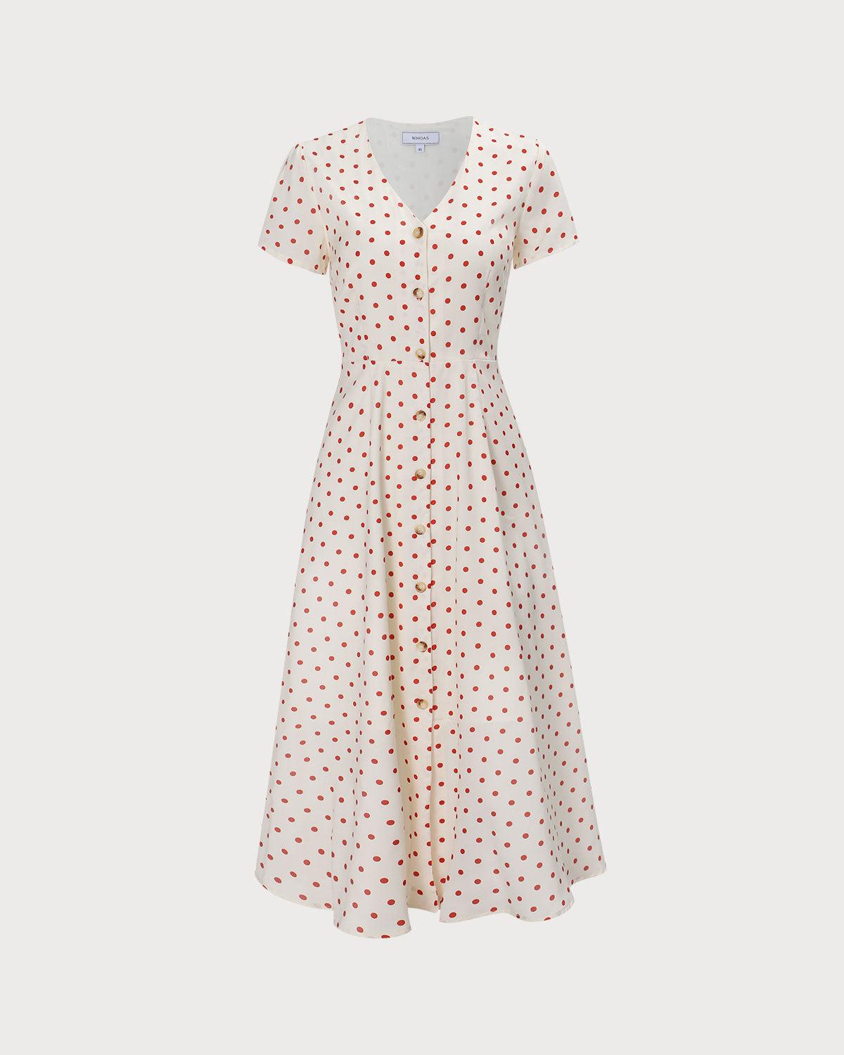 The Beige V Neck Polka Dot Button Midi Dress Product Image