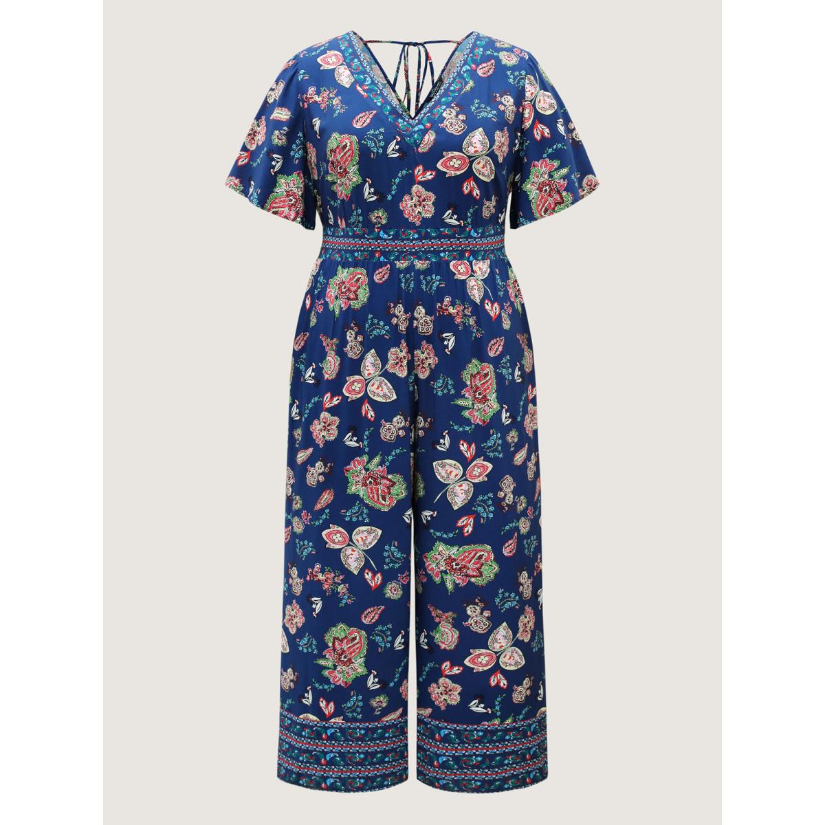 Plus Size DarkBlue Rayon Tropical Vibes Pockets Jumpsuit Women Short sleeve V-neck Vacation Loose Jumpsuits BloomChic 12/L Product Image