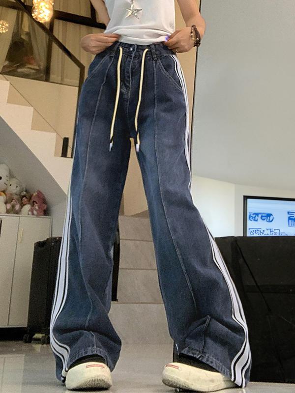 Washed Splice Piping Detail Drawstring Boyfriend Jeans Product Image