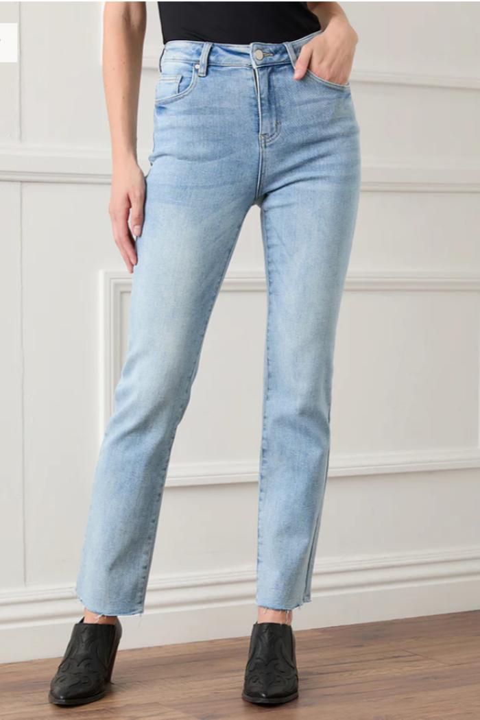 Raw Hem Straight Jeans- Light Blue Product Image
