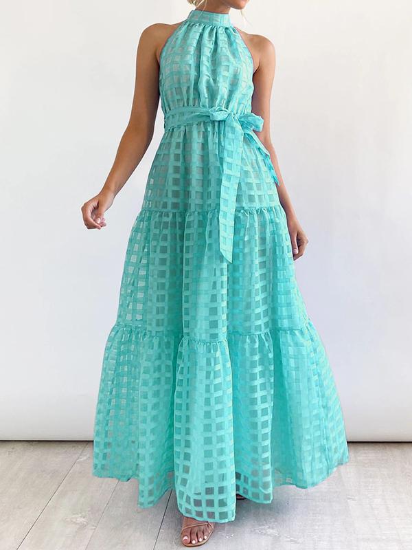 Loose Sleeveless Plaid Ribbed Stand Collar Maxi Dresses Product Image