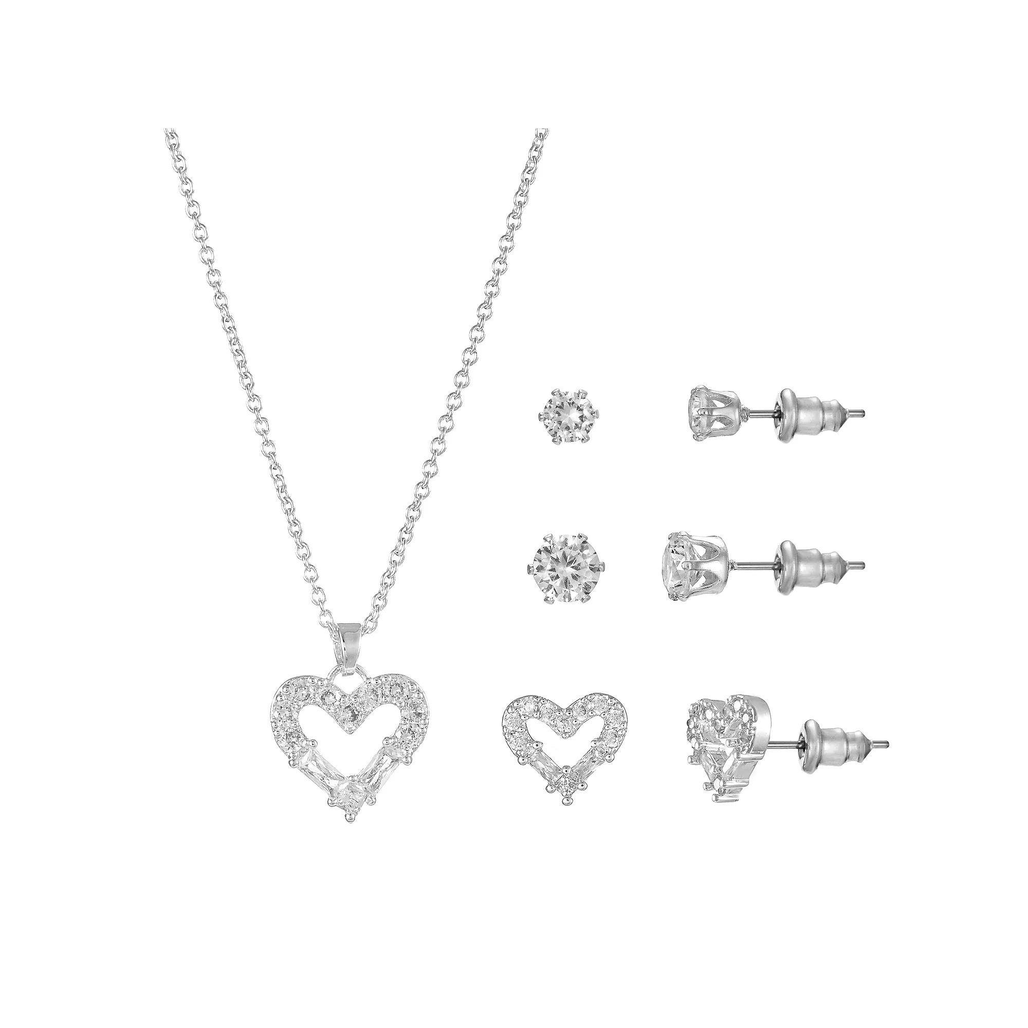 Silver Tone Cubic Zirconia Heart Pendant Necklace & Stud Earrings Trio Set, Women's, Size: 18+3", Silver Tone Clear Product Image