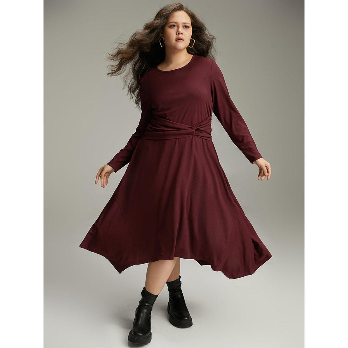 Plus Size Solid Rib Knit Crew Neck Twist Front Dress Burgundy Women Casual Plain Round Neck Long Sleeve Curvy Midi Dress BloomChic 22-24/3X Product Image