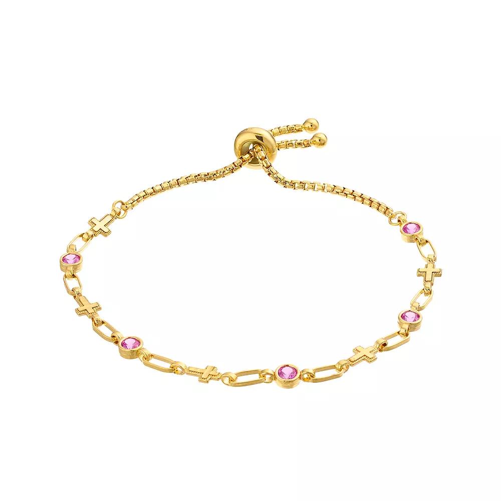 Kristen Kesho Sterling Silver Lab-Created Pink Sapphire & Cross Link Adjustable Bolo Bracelet, Women's, Size: 9.50, Gold Tone Product Image