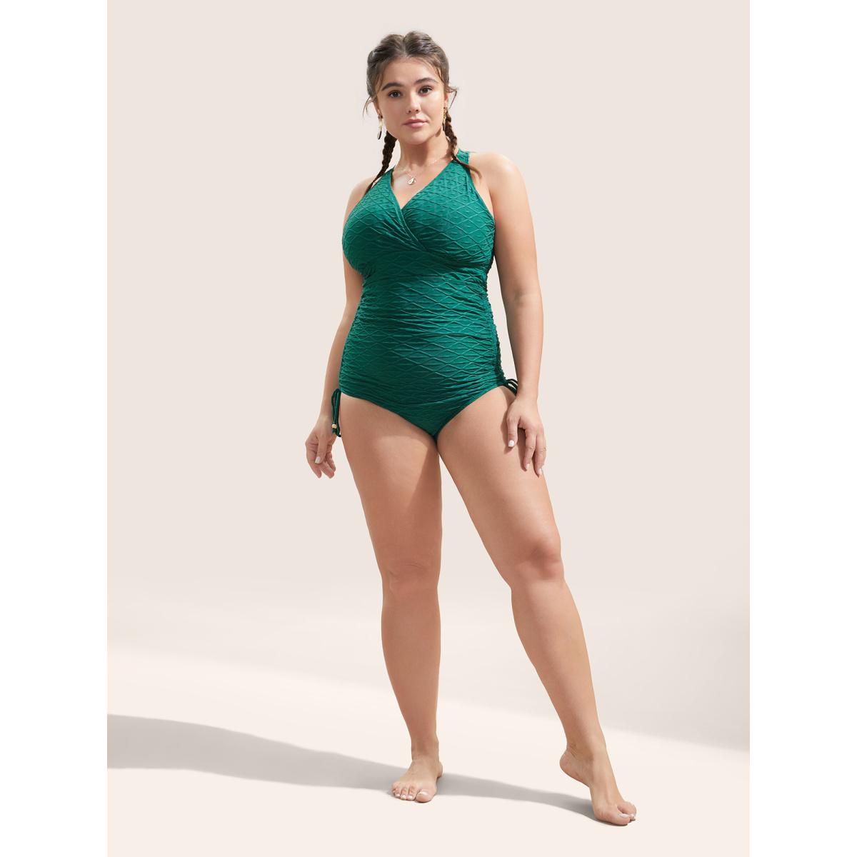 Plus Size Geo Plisse Drawstring Side One Piece Swimsuit Women's Swimwear Emerald Beach Non Curve Bathing Suits High stretch One Pieces BloomChic 10/M Product Image