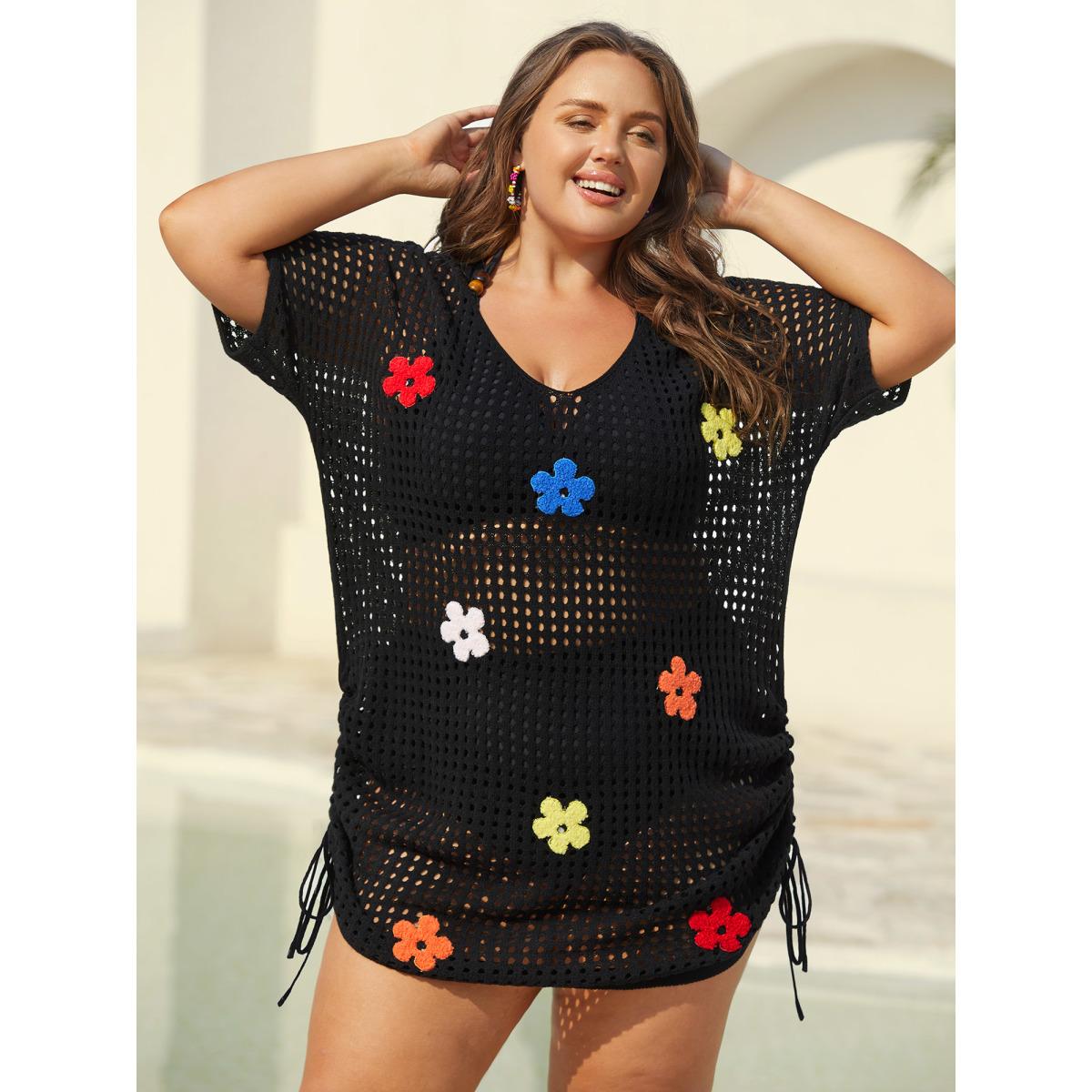 Plus Size Crochet Flowers Side Drawstrings Swim Cover-Up Women's Swimwear Black Beach Loose Texture Curve Swim Cover Ups BloomChic 22-24/3X Product Image