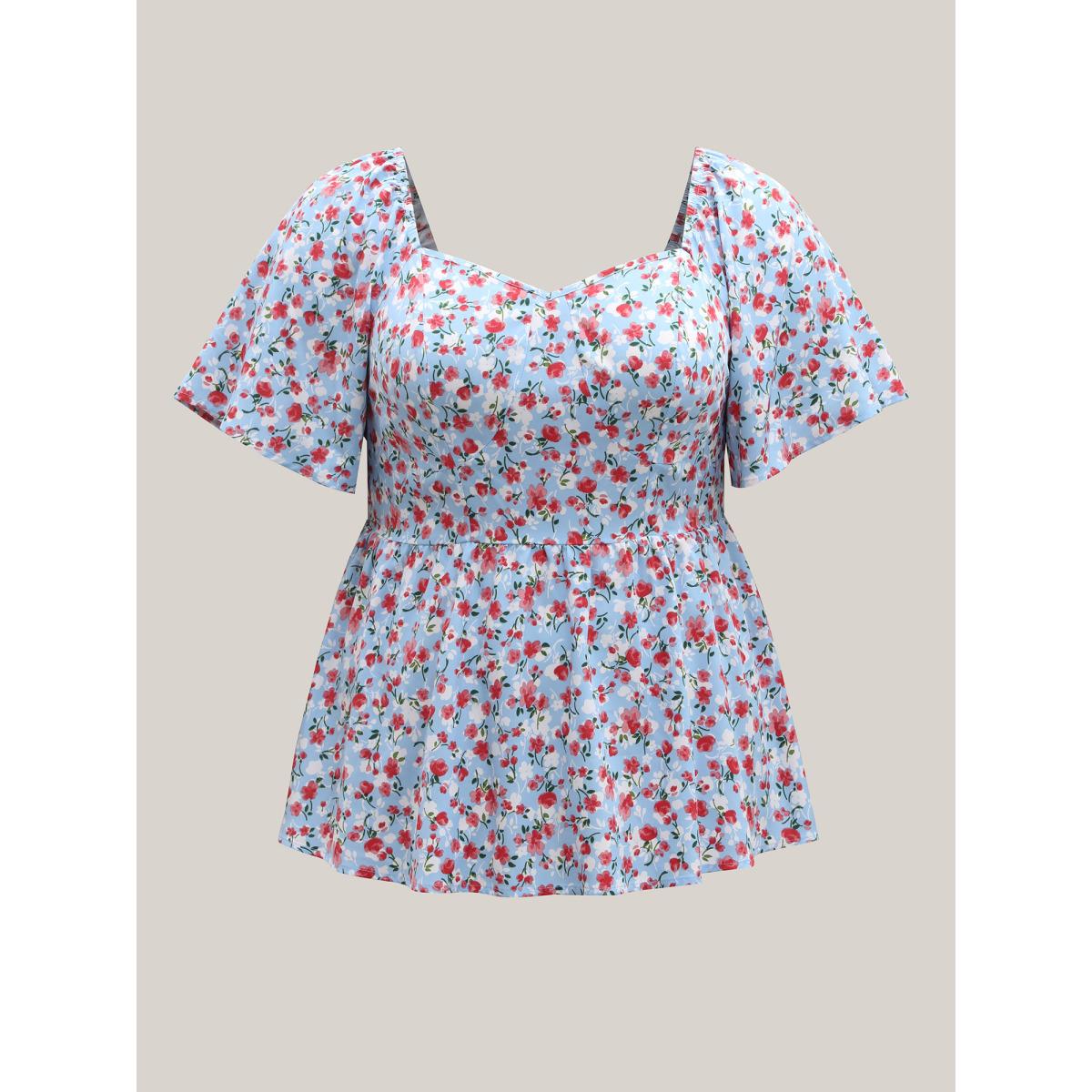 Plus Size LightBlue Floral Print Sweetheart Cinched-Waist Blouse Women Short sleeve Heart neckline Everyday-Elegant Blouses BloomChic 10/M Product Image