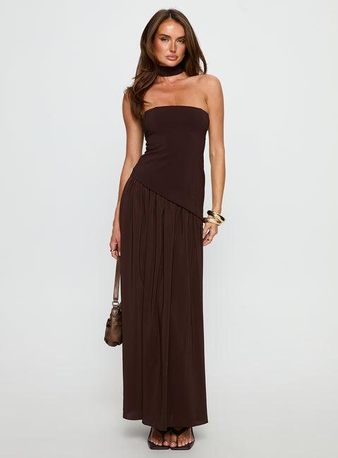 Odela Strapless Drop Waist Maxi Dress Chocolate Product Image