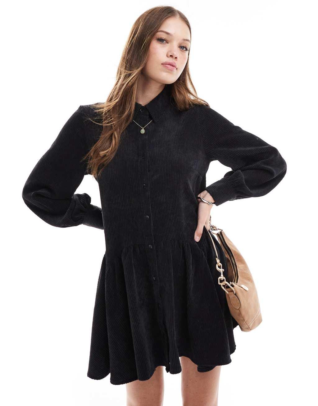 ASOS DESIGN corduroy mini smock dress with peplum hem in black Product Image