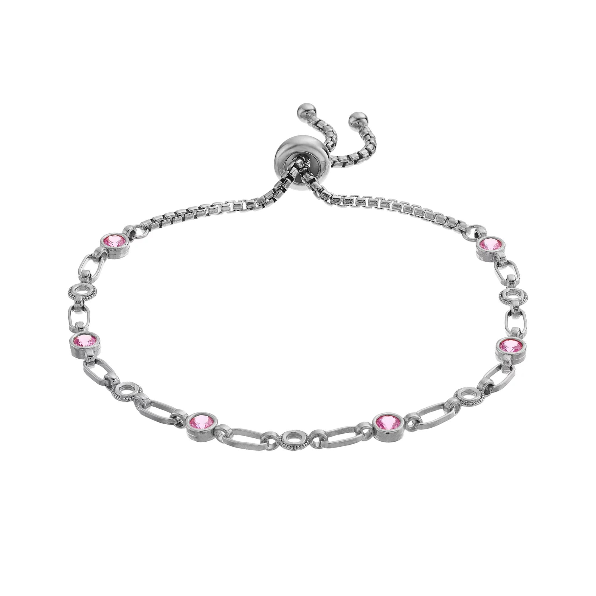 Kristen Kesho Sterling Silver Lab-Created Pink Sapphire & Circle Link Adjustable Bolo Bracelet, Women's, Size: 9.50 Product Image
