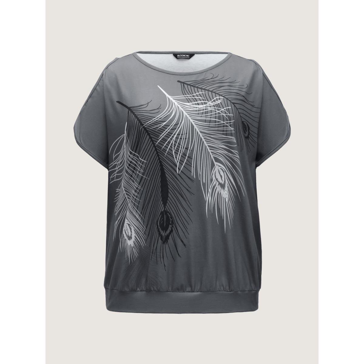 Plus Size Stretchy Feather Print Cut-Out Sleeve T-Shirt DimGray Women Non Art&design Round Neck Loose Everyday-Casual T-shirts BloomChic 14-16/1X Product Image