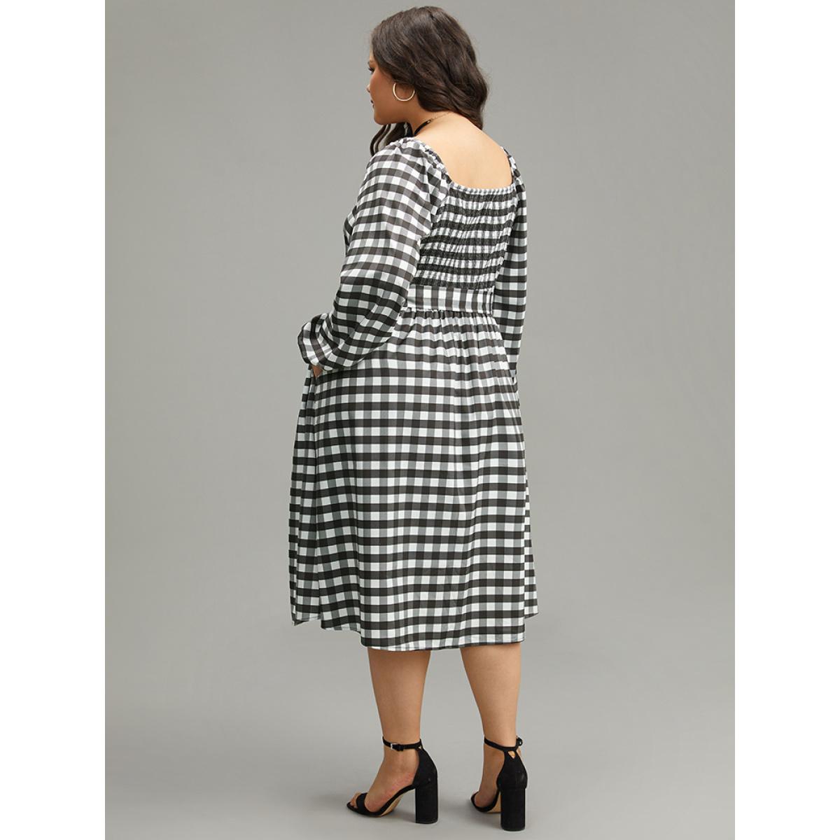 Plus Size Halloween Plaid Print Belted Square Neck Lantern Sleeve Dress Black Women Elegant Elastic cuffs Square Neck Long Sleeve Curvy Midi Dress BloomChic 26/4X Product Image