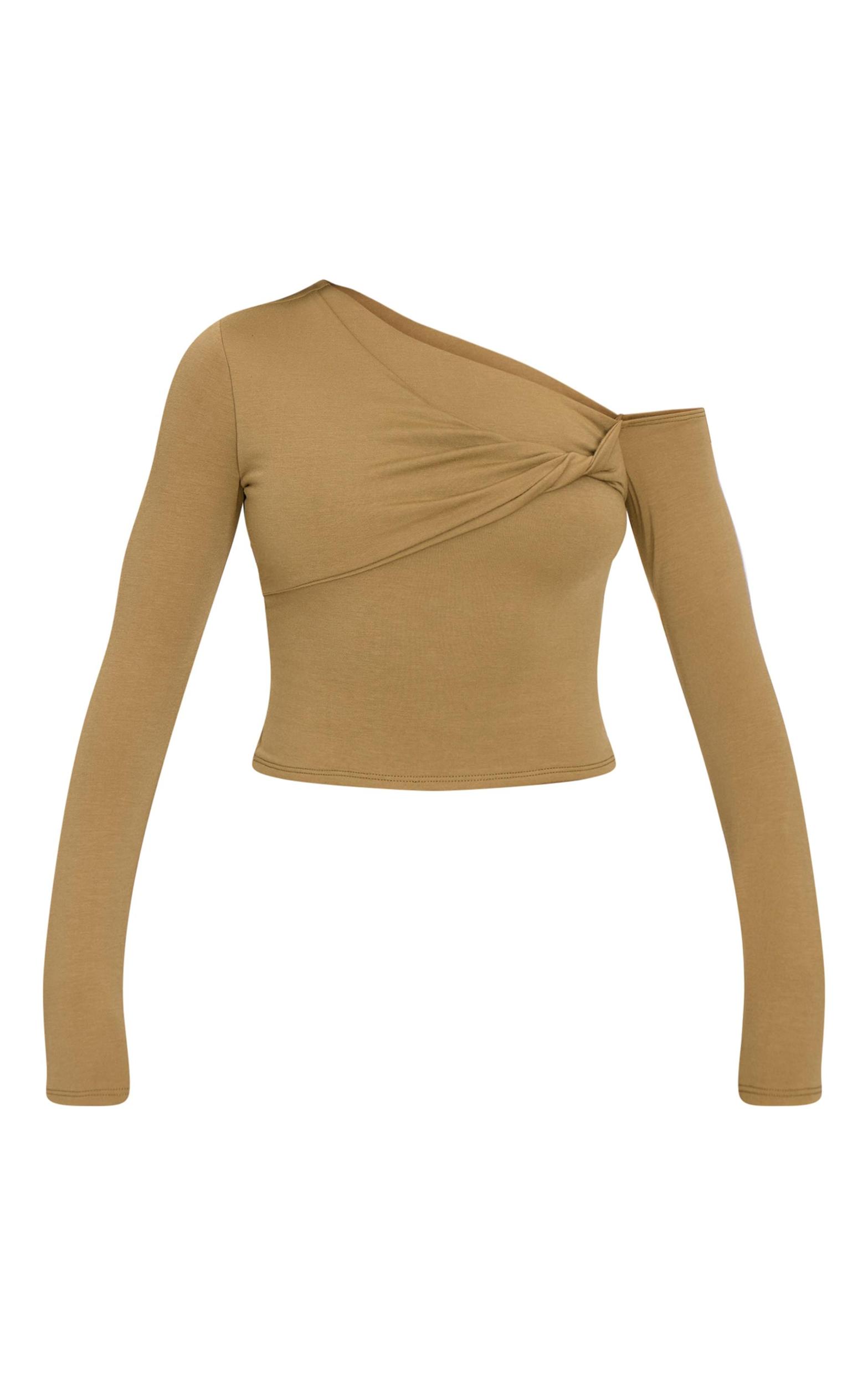Olive Contour Jersey Asymmetric Twist Detail Long Sleeve Top Product Image