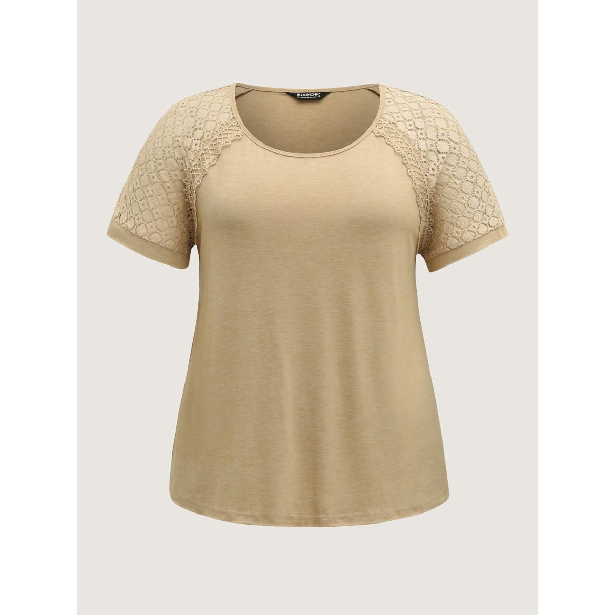 Plus Size Sheer Lace Sleeve Spliced Solid T-Shirt Champagne Women Woven ribbon&lace trim Round Neck Everyday-Casual T-shirts BloomChic 30/6X Product Image