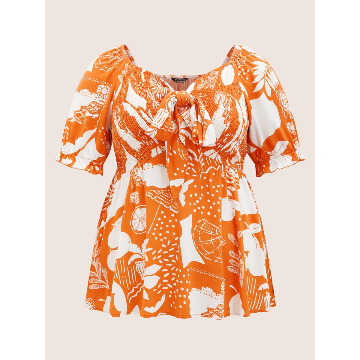 Plus Size Brightorange Tropical Print Bowknot Shirred Lantern Sleeve Blouse Women Resort Short sleeve V-neck Vacation Blouses BloomChic 10/M Product Image