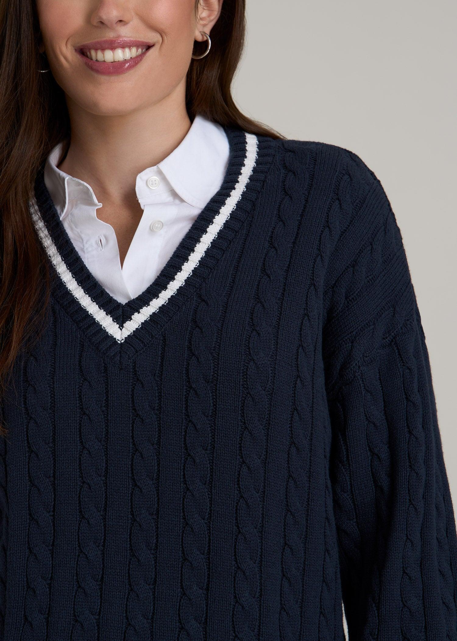 V-Neck Collegiate Sweater for Tall Women in Navy and Bright White Product Image