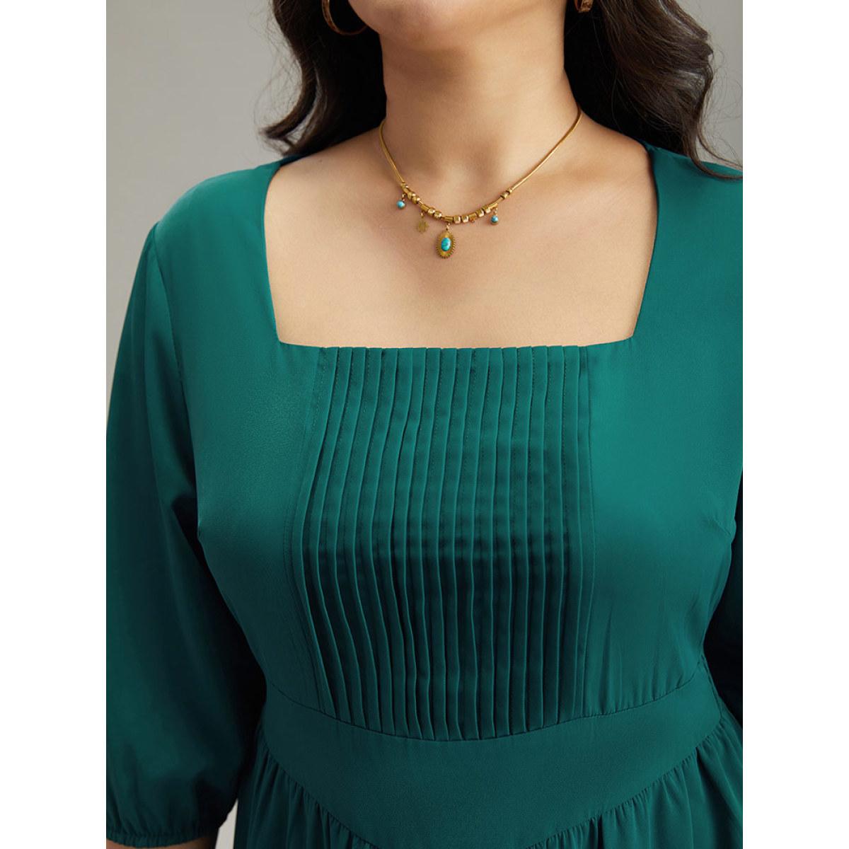 Plus Size Anti-Wrinkle Square Neck Pleated Gathered Dress Aegean Women Vacation Elastic cuffs Square Neck Elbow-length sleeve Curvy Midi Dress BloomChic 10/M Product Image