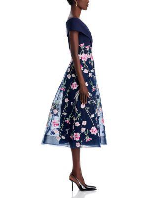 Crepe Off-the-Shoulder Embroidered Tulle Dress Product Image