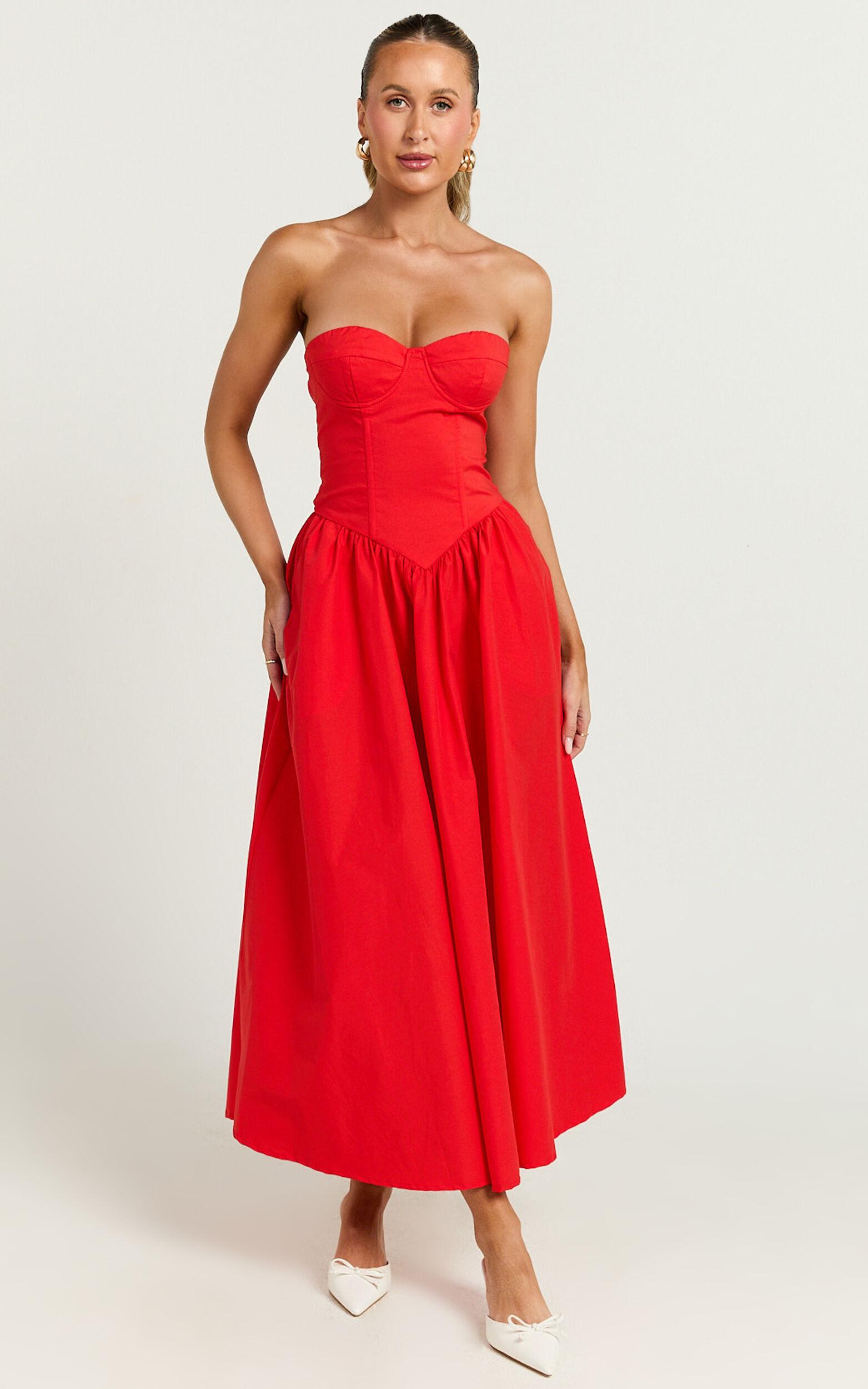 Daria Midi Dress - Strapless Corset Gathered Dress in Red Product Image