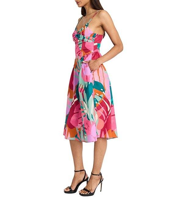 Donna Morgan Sweetheart Twist Front Sleeveless Tropical Printed Cotton Poplin Fit & Flare Midi Dress Product Image