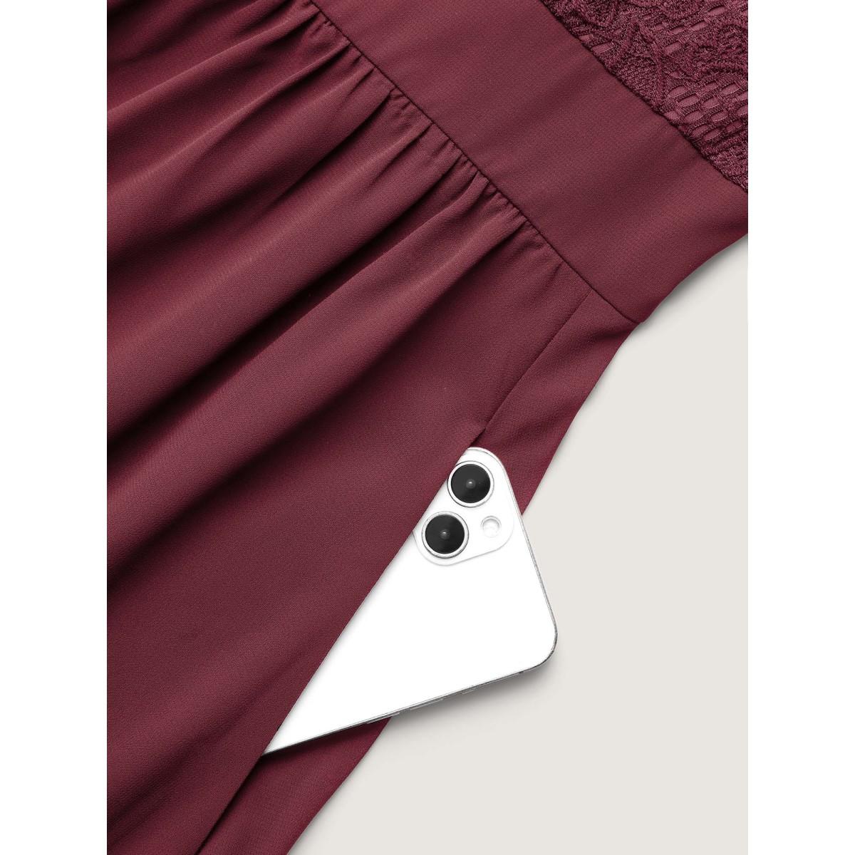 Plus Size Lace Patchwork Shirred Midi Pocket Dress Burgundy Women Formal Woven ribbon&lace trim Round Neck Elbow-length sleeve Curvy BloomChic 12/L Product Image