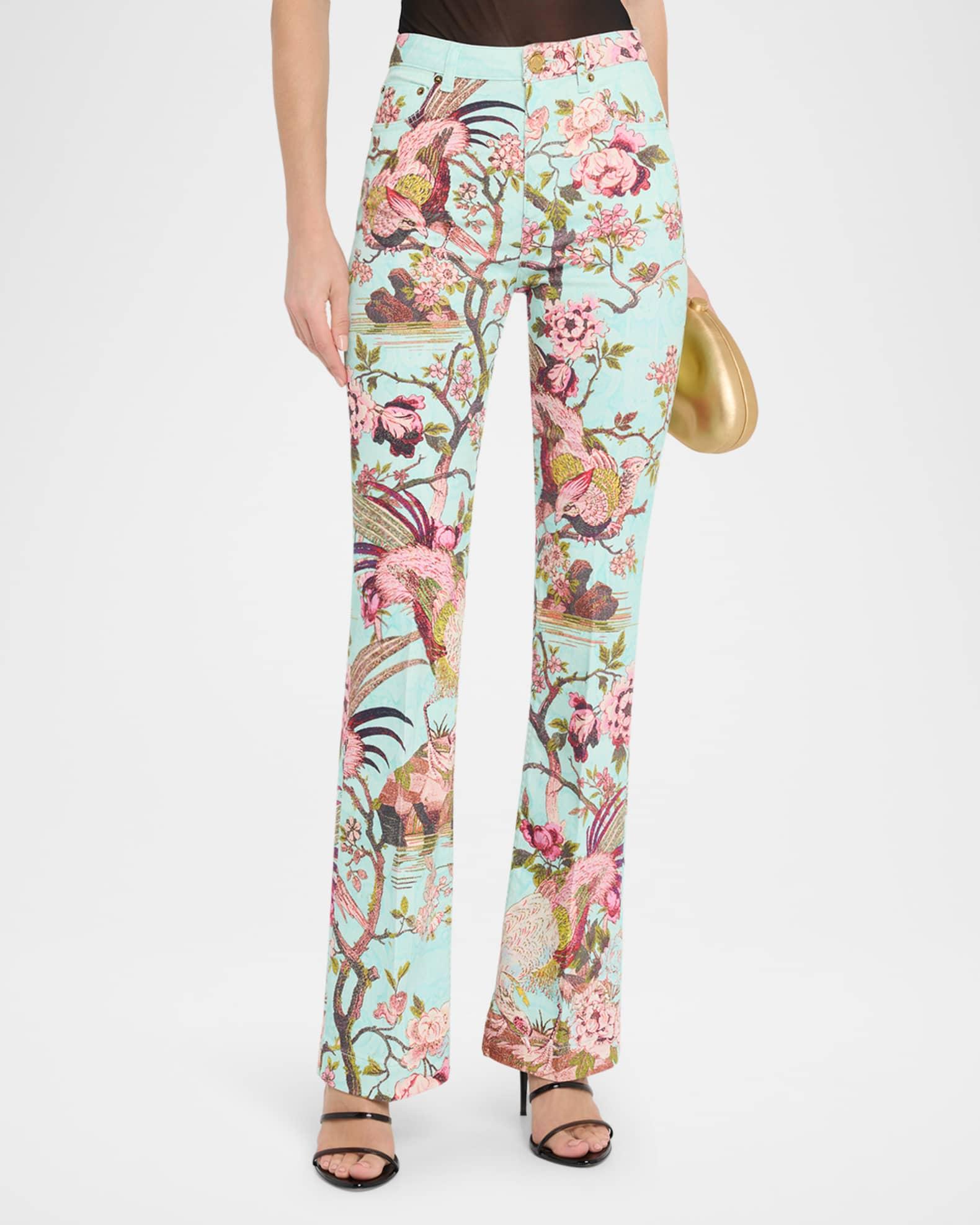 Bird-Print Flared Stretch Cotton Trousers Product Image