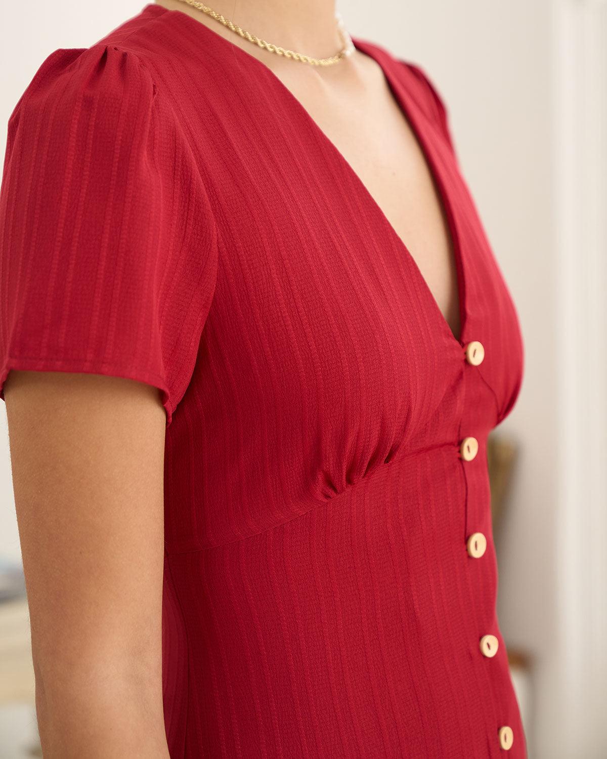 The Red V Neck Shirred Puff Sleeve Midi Dress Product Image