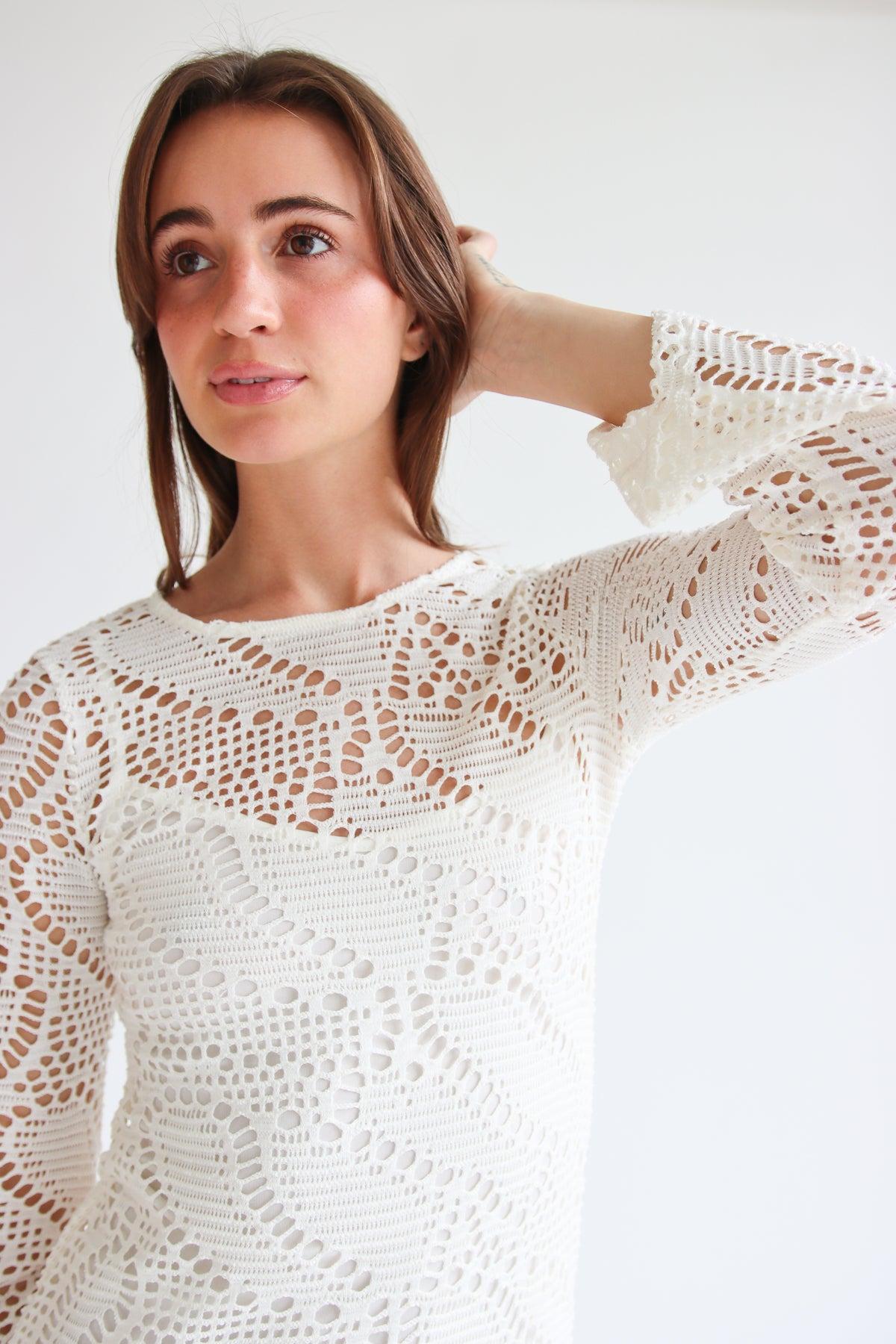 Bell Sleeve Crochet Dress With Slip Product Image