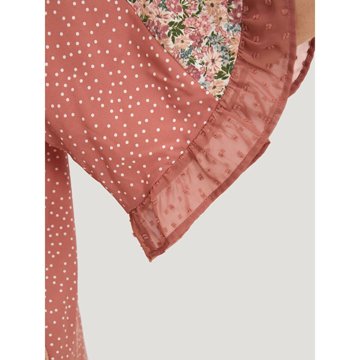 Plus Size Rouge Polka Dot & Ditsy Floral Flounce Sleeve Lace Up Blouse Women Elegant Half Sleeve Tie Neck Dailywear Blouses BloomChic 10/M Product Image