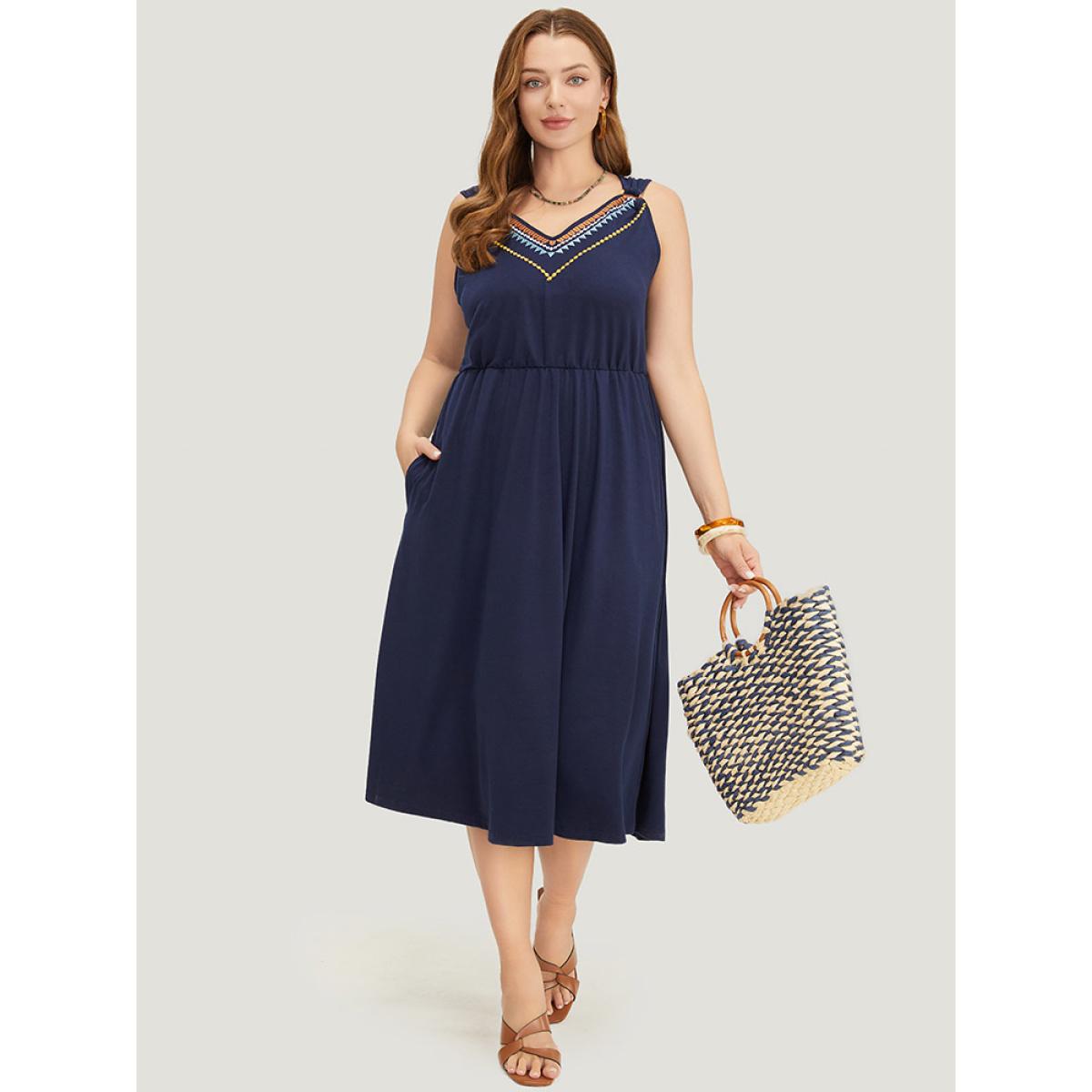 Plus Size Geometric Embroidered Buckle Detail Pocket Ruffle Hem Cami Dress Indigo Women Vacation Embroidered V-neck Sleeveless Curvy Midi Dress BloomChic 18-20/2X Product Image