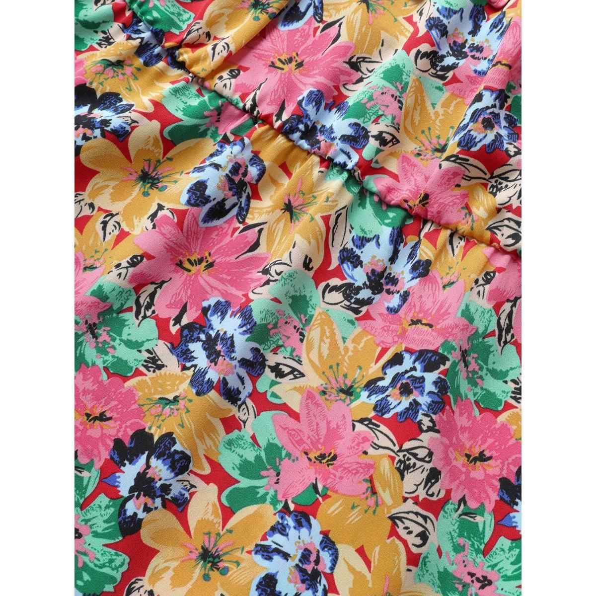 Plus Size Red Floral Elastic Waist Ties Lantern Sleeve Blouse Women Elegant Short sleeve Square Neck Everyday Blouses BloomChic 14-16/1X Product Image