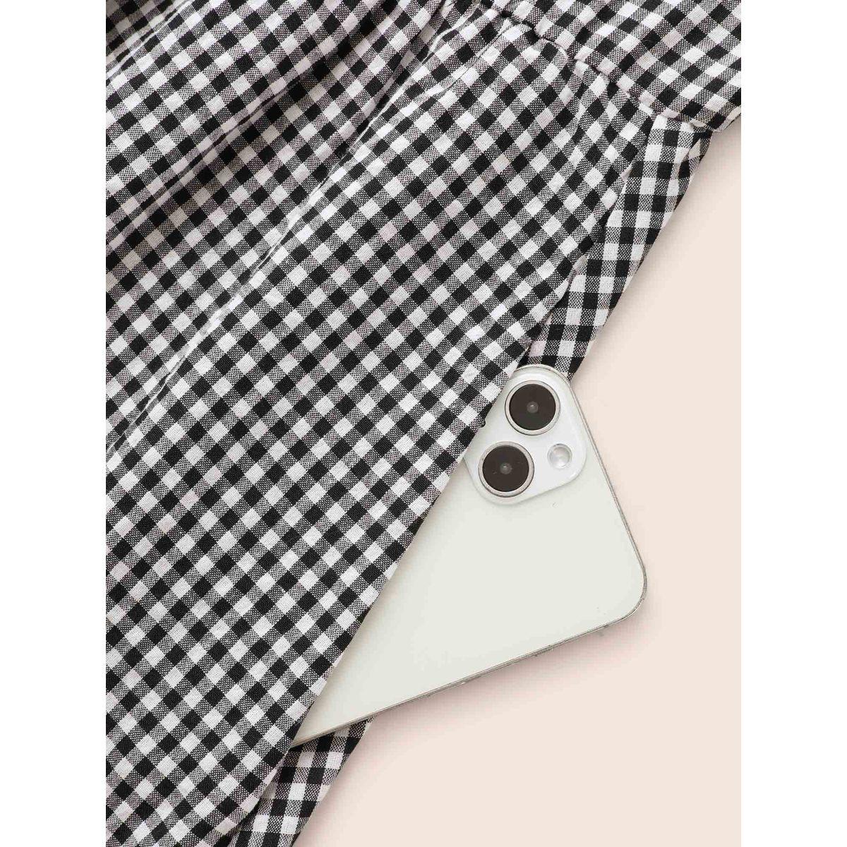 Plus Size Gingham Notched Ruffle Hem Lantern Sleeve Dress Black Women Casual Button Notched collar Elbow-length sleeve Curvy BloomChic 26/4X Product Image