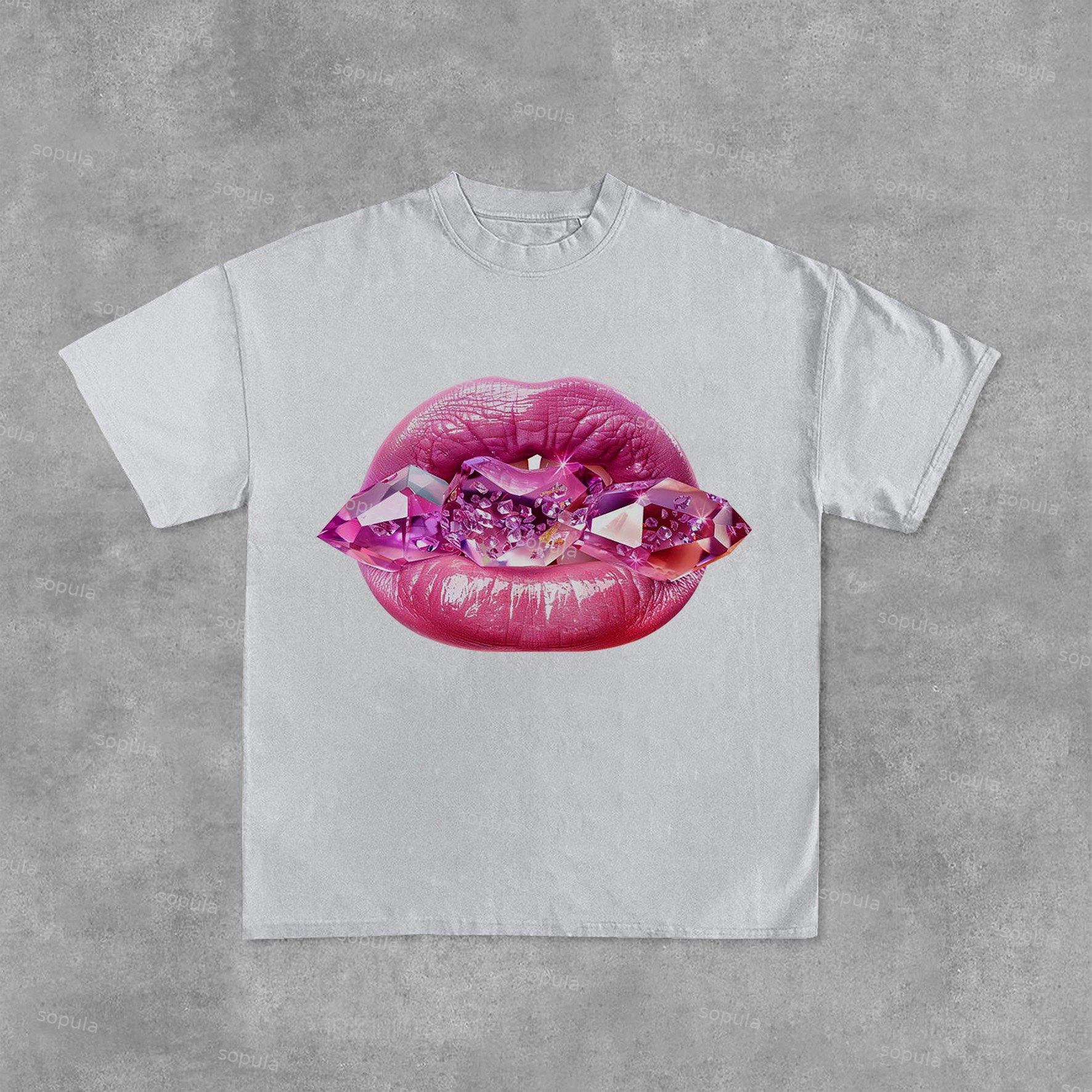 Sexy Jeweled Lips Print Graphic Cotton Tees Product Image