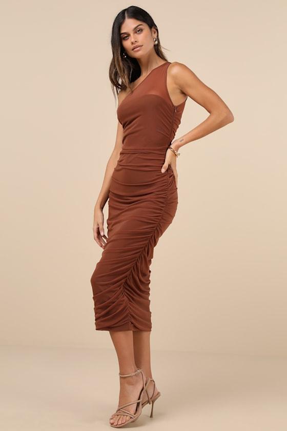 Kiden Brown Mesh Ruched One-Shoulder Midi Dress Product Image