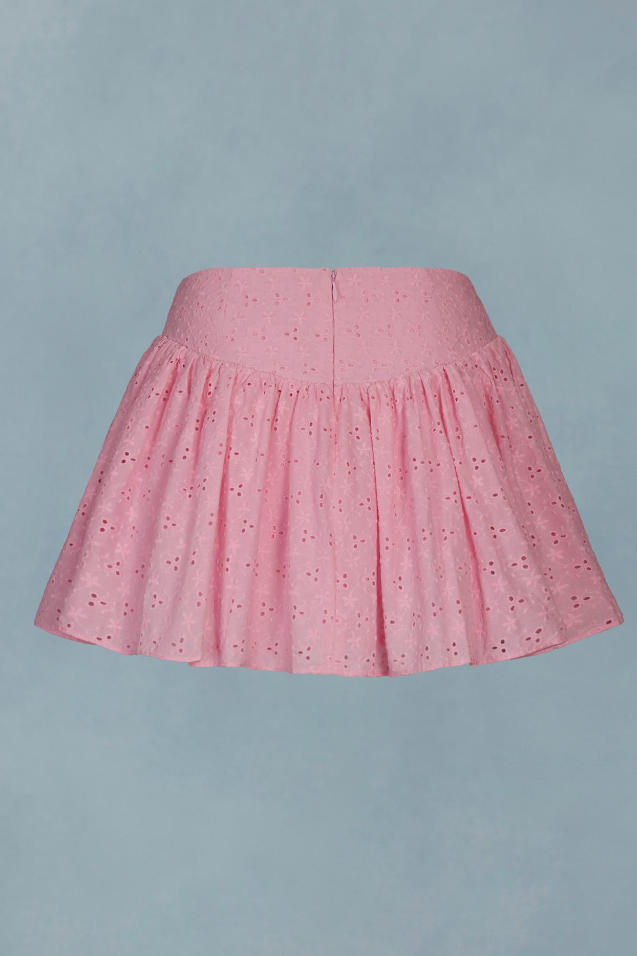 Bow-Detail Broderie Anglaise Mini Skirt in Soft Pink Product Image