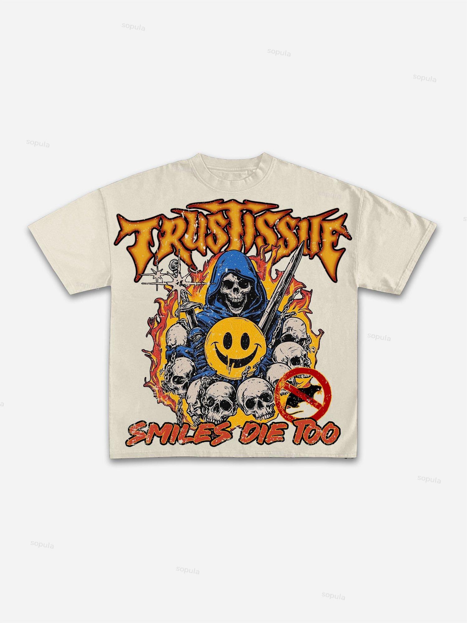 Dystopian Street Smiles Die Too Graphics Cotton T-shirt Product Image