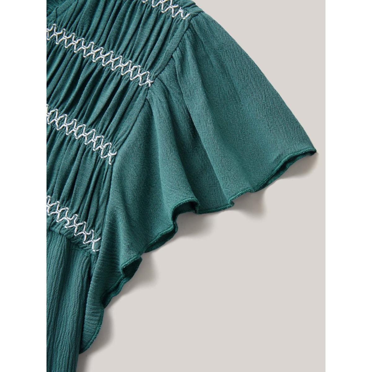 Plus Size Teal Rayon Shirred Neck Flutter Sleeve Tiered Blouse Women Cap Sleeve Round Neck Vacation Blouses BloomChic 18-20/2X Product Image
