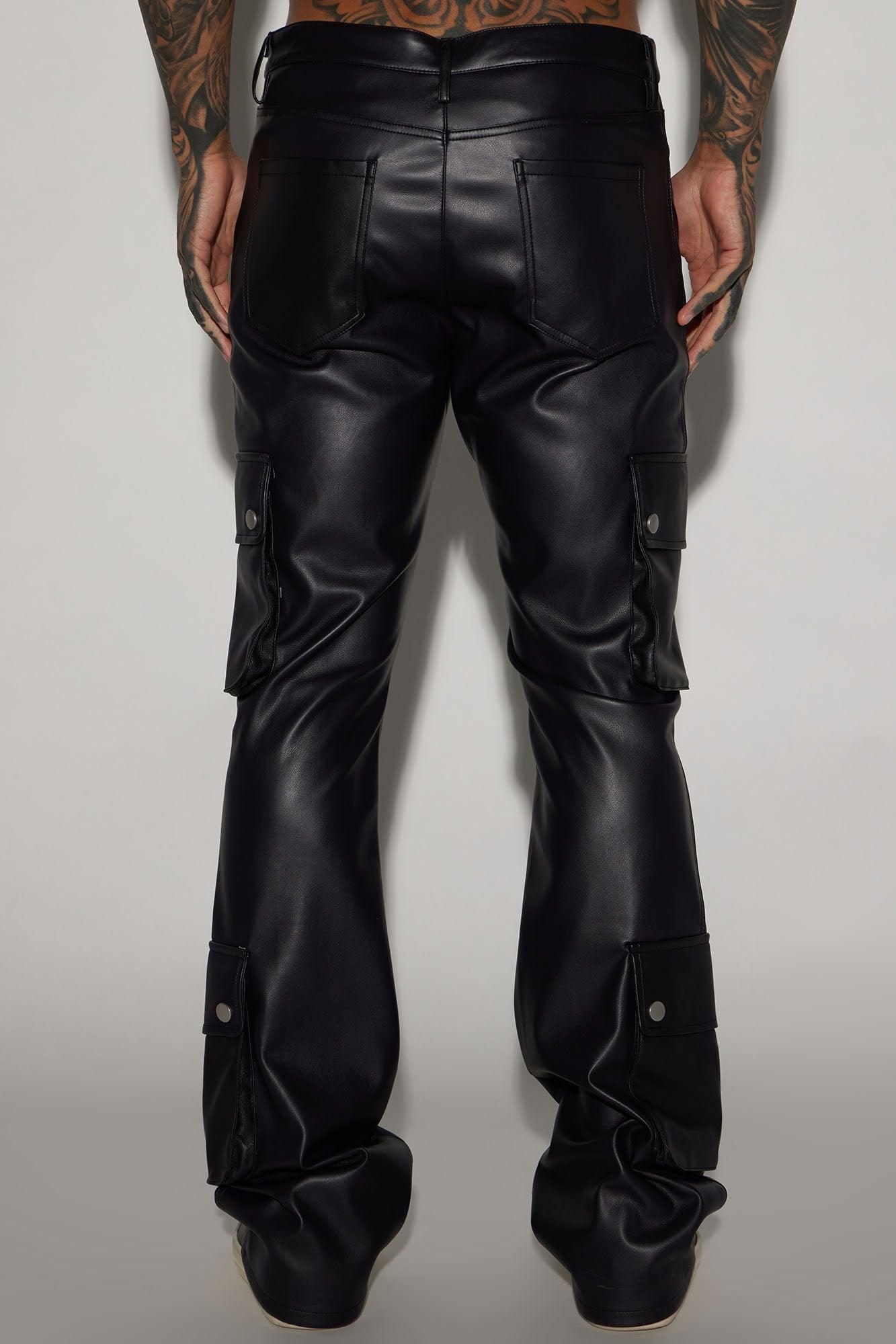 Name Of Love Faux Leather Stacked Slim Flare Pants - Black Product Image